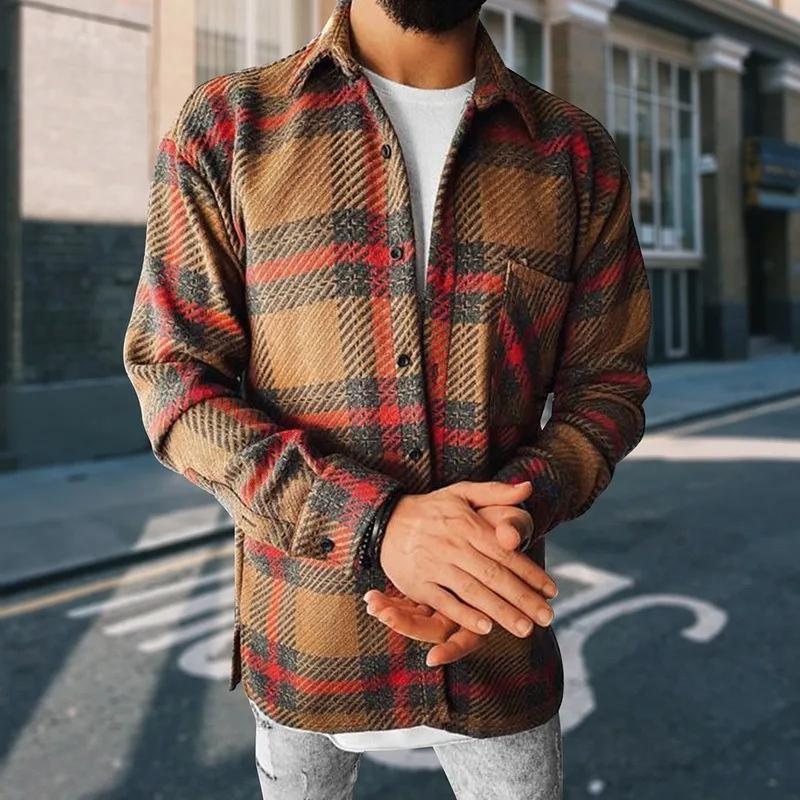 

Men's Plaid Stand Collar Button Shirt Jacket Long Sleeve Comfortable Fashion Handsome Breathable 2021 New Shirt