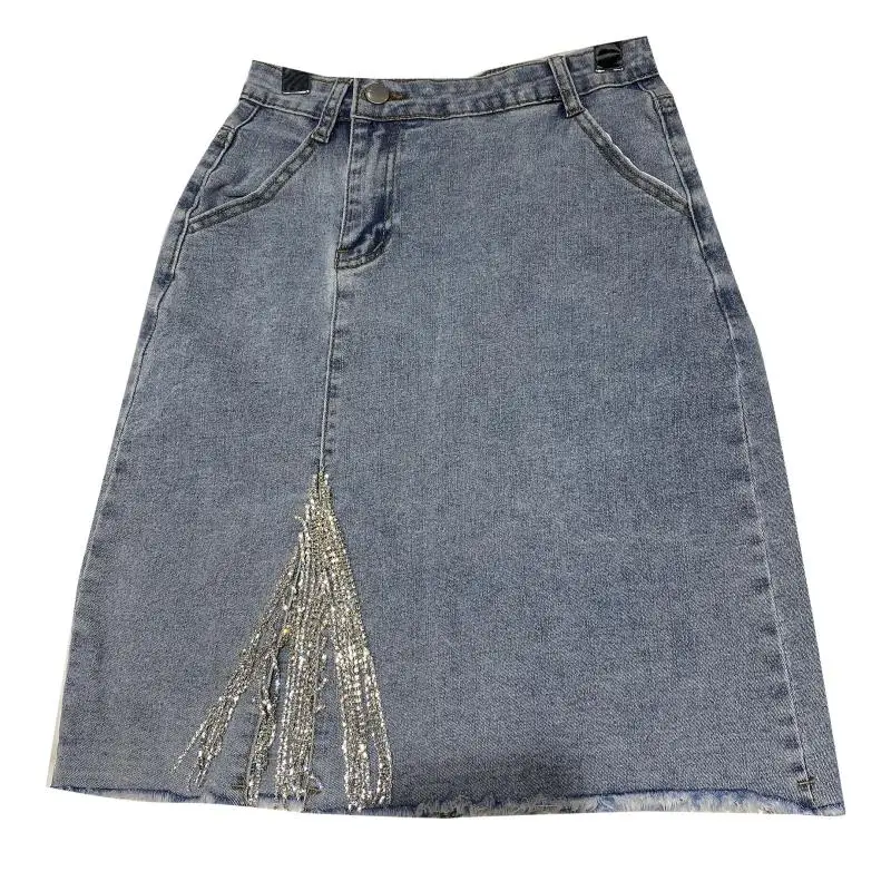 

2021 Summer Denim Skirt New Side Diamond Tassel Chain Split Design Denim H Skirt Hip Skirt