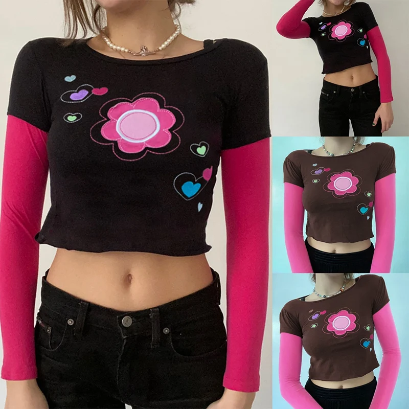 

Винтажные эстетичные Лоскутные Цветочные футболки, модные укороченные топы с длинным рукавом и вышивкой сердца, футболки для девочек