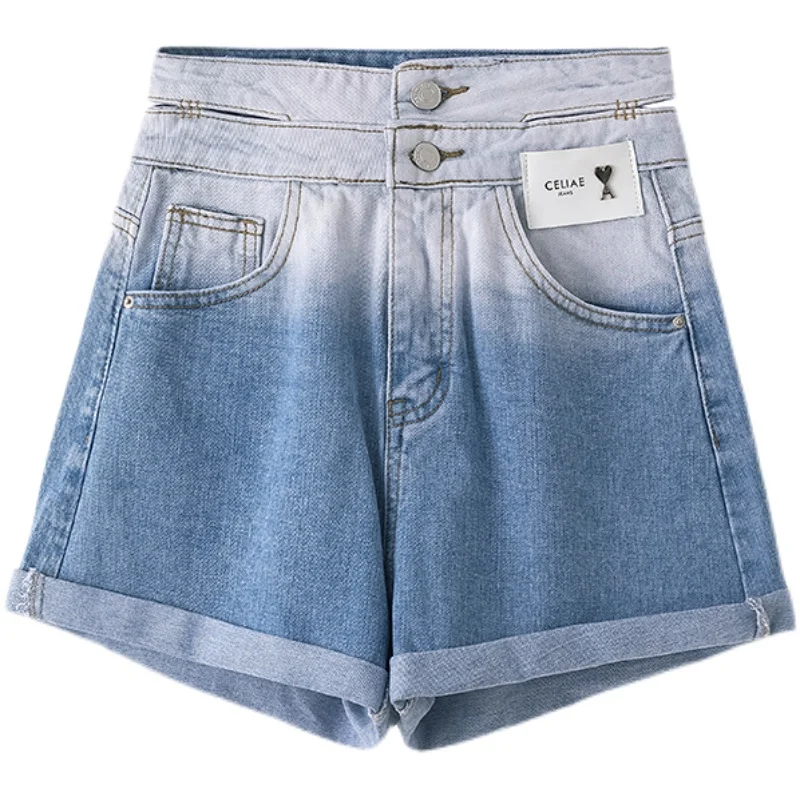 

Gradient high waist denim shorts women's summer 2021 new high waist thin section wild wide leg hot pants