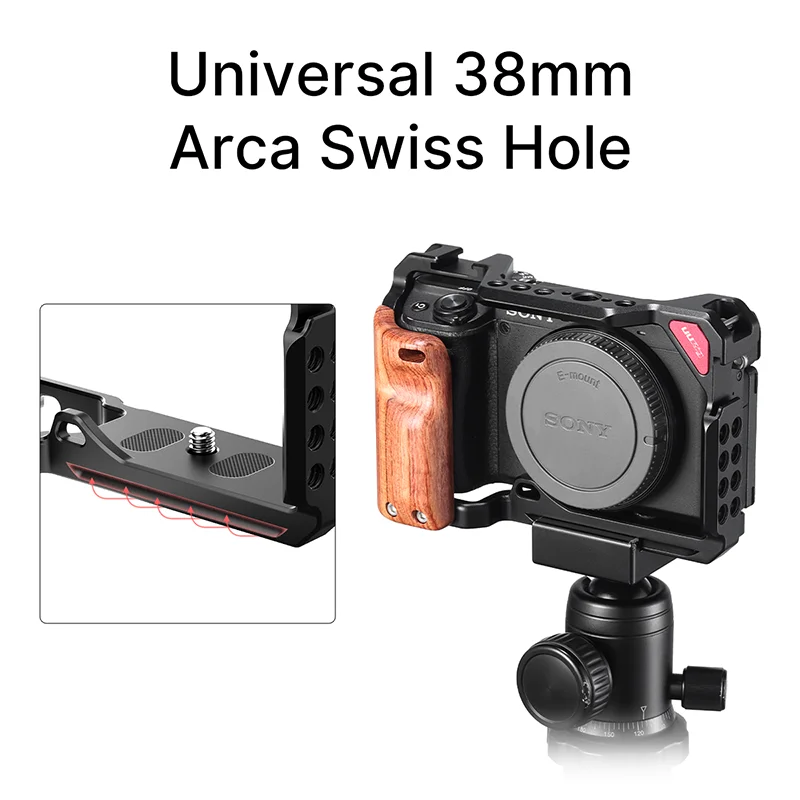 

A6400 Rig Camera Cage for Sony A6300 A6400 A6500 Camera Rig w/ Wooden Handle Cold Shoe 1/4 3/8 Screw for Microphone LED Light