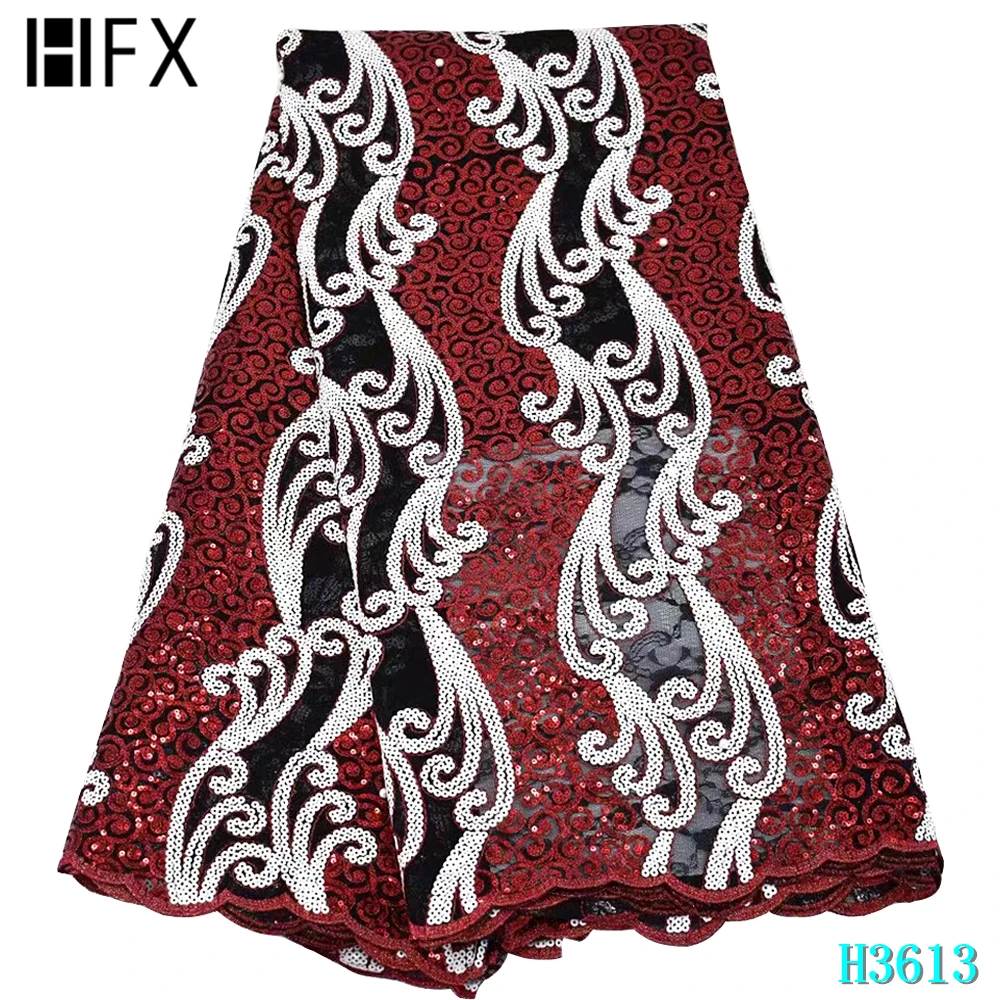 

HFX African Lace Red Sequins Lace Fabric 2020 High Quality Nigerian Lace Fabric Embroidered Tulle Lace For Wedding Dress