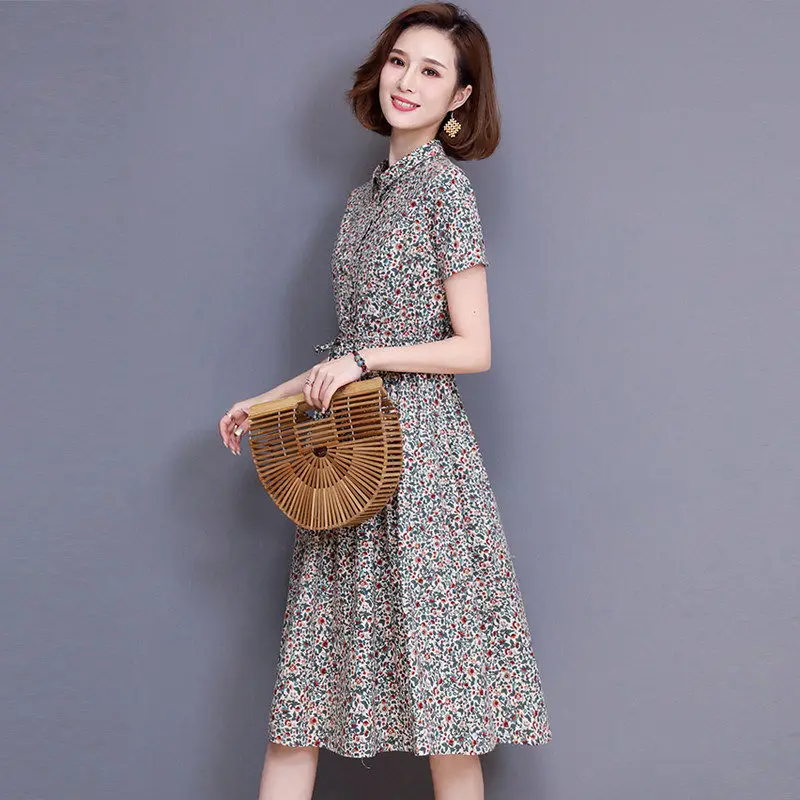 

2021 New Summer Women Printing Dress Elegant Short Sleeve Cotton Linen Dresses Bohemian Style Beach Vestidos De for Female B210