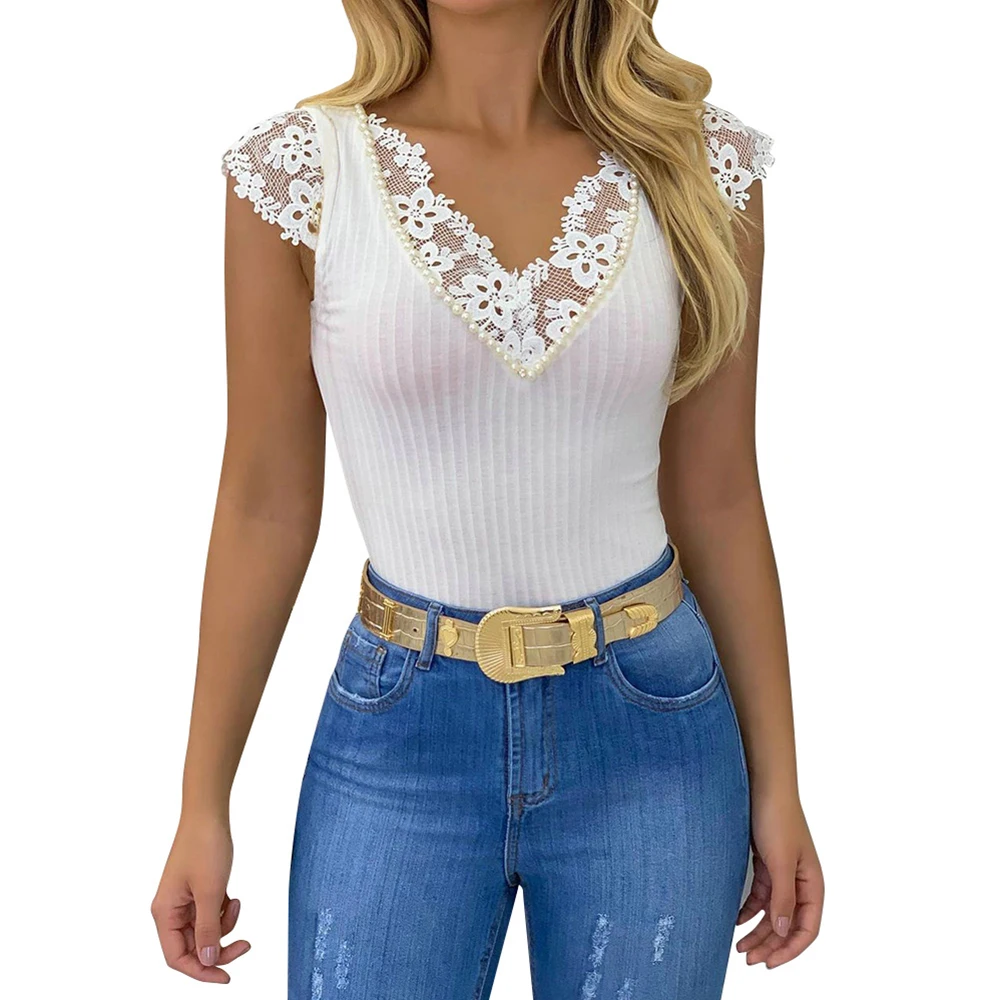 

2021 Summer Women Slim Fit T-shirt White Sleeveless T shirt Lace Floral V-neck Beaded Decor Sexy Ladies Casual Tops Femma D30