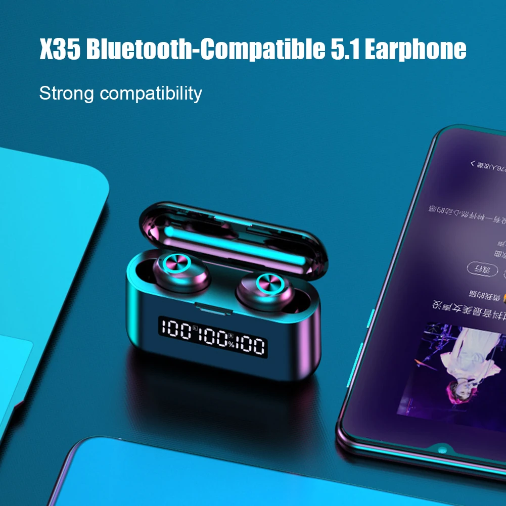

Portable Waterproof X35 Bluetooth-Compatible 5.1 LED Digital Display Earphone TWS HiFi Stereo Touch Control Headphone with Mic