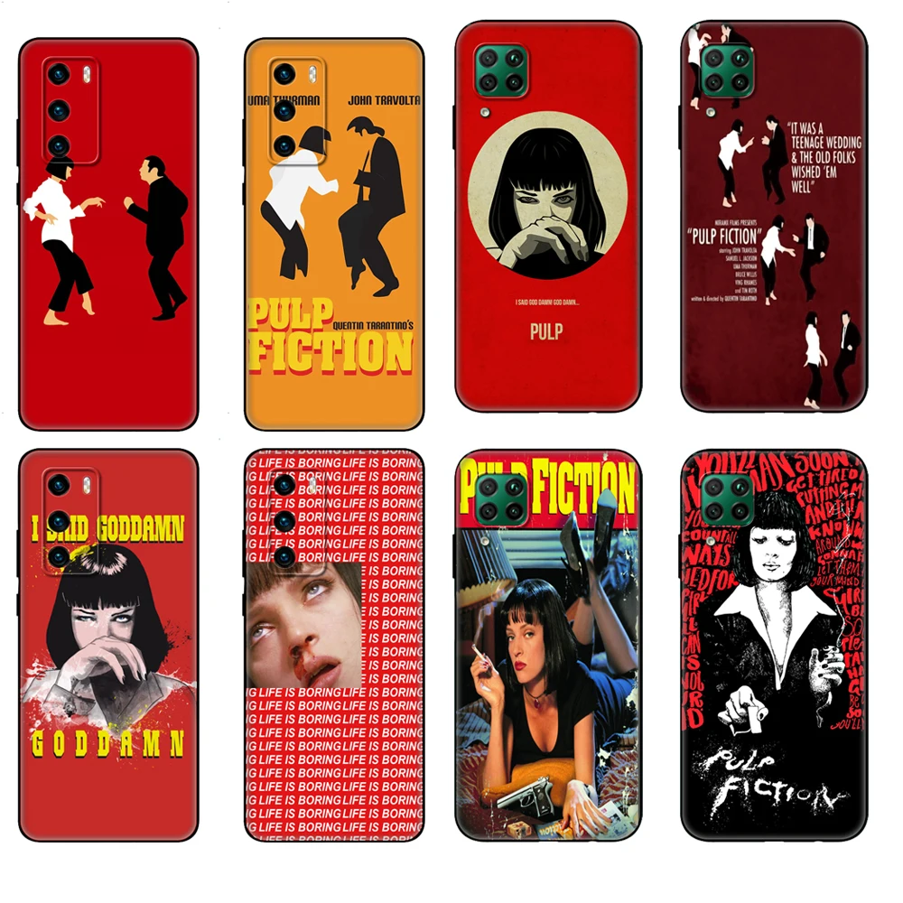 

Black tpu Case For Huawei P30 Lite P30 Pro P40 Case For Huawei P40 LITE E P Smart 2020 Case Cover Pulp Fiction smoke gun girl