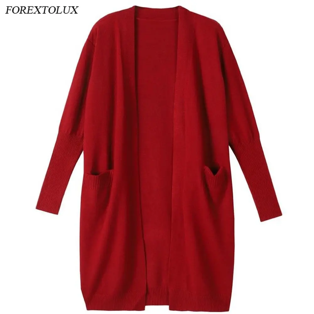 Женский длинный кардиган с карманами красный или зеленый Однотонный свитер в