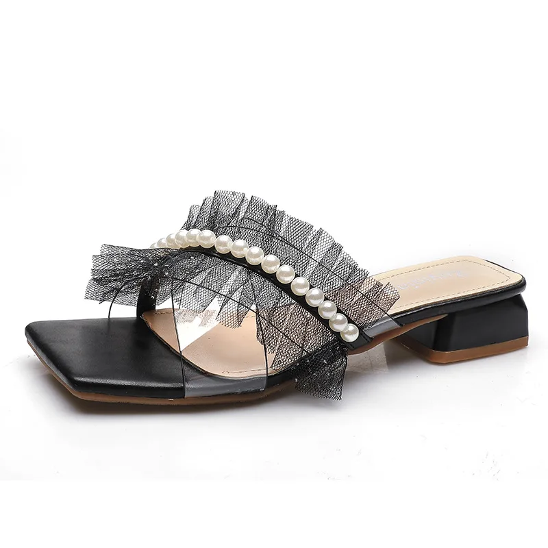 

2021 new fairy plus size female sandals and slippers female summer Korean style trendy fashion fairy pearl square head
