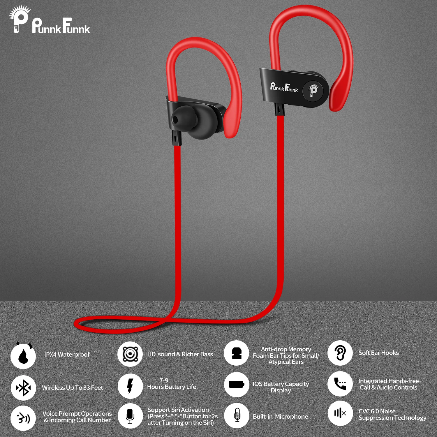 PunnkFunnk Bluetooth наушники Беспроводные bluetooth 5 0 Спортивные с шумоподавлением Глубокие