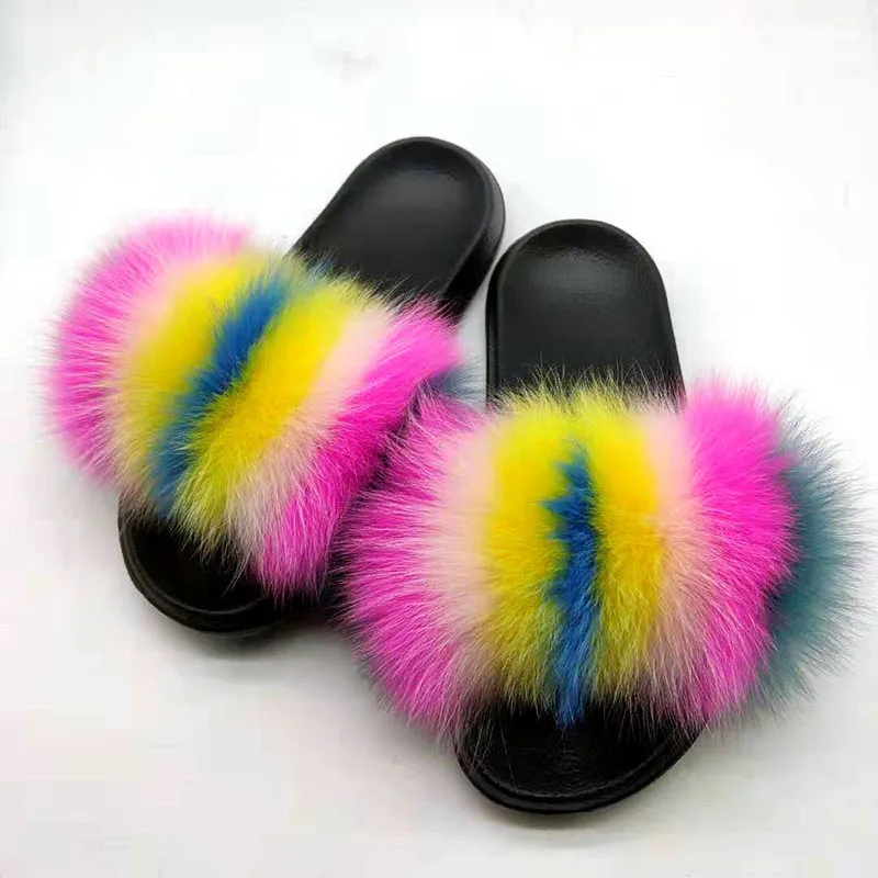 

Детские/Детские шлепанцы из лисьего меха, модные радужные сандалии с открытым носком, женские плюшевые шлепанцы, женские пушистые шлепанцы,...