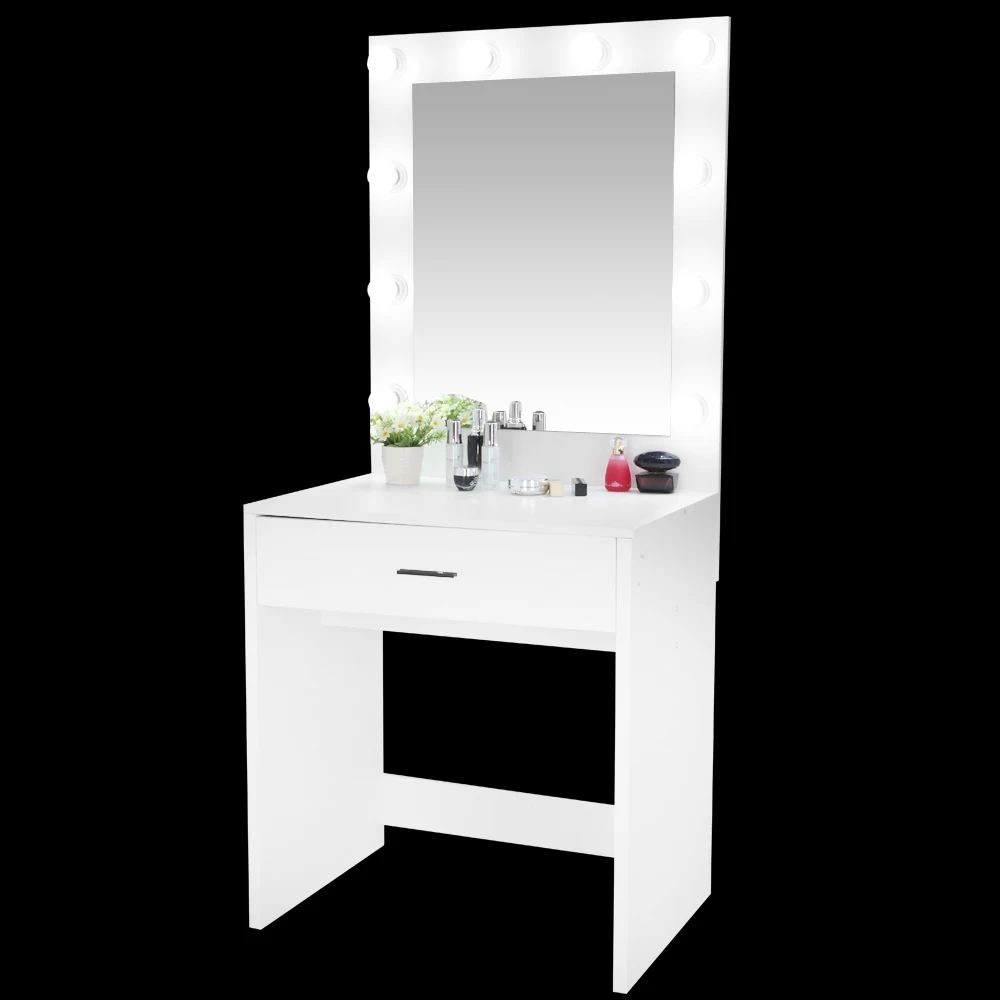 

【US Warehouse】FCH Large-Mirror Single-Drawer Dressing Table With Light Cannon White