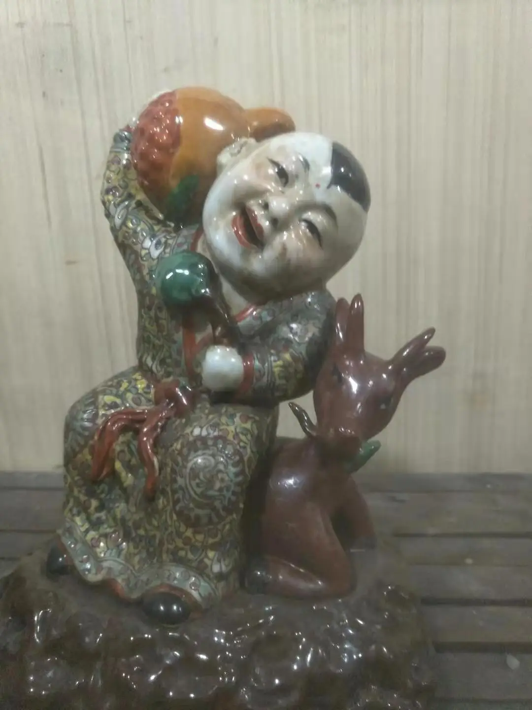 

Antique Collection Old Chinese Famille Rose Porcelain Maitreya statue ,Deer Riding Boy