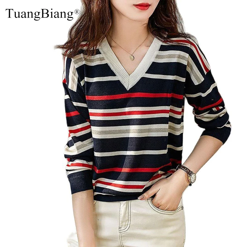 

Colored V-Neck Stripes Woman Autumn Pullovers Femme Elegant All-Match Knit Tshirt Female Long Sleeve Cotton Spliced Elastic Tops
