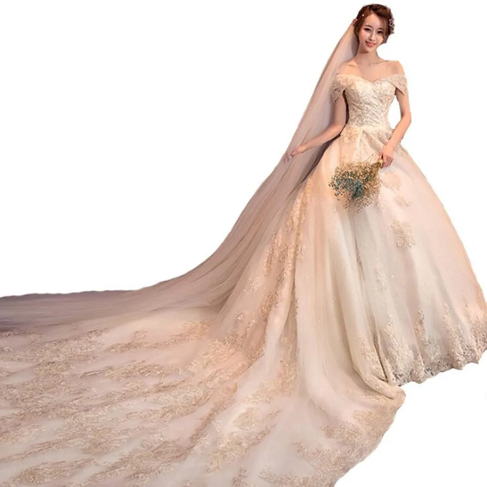 

Elegant Off White Off Shoulder Handmade Lace Embroidery Long Tail Wedding Dress Bridal Gown