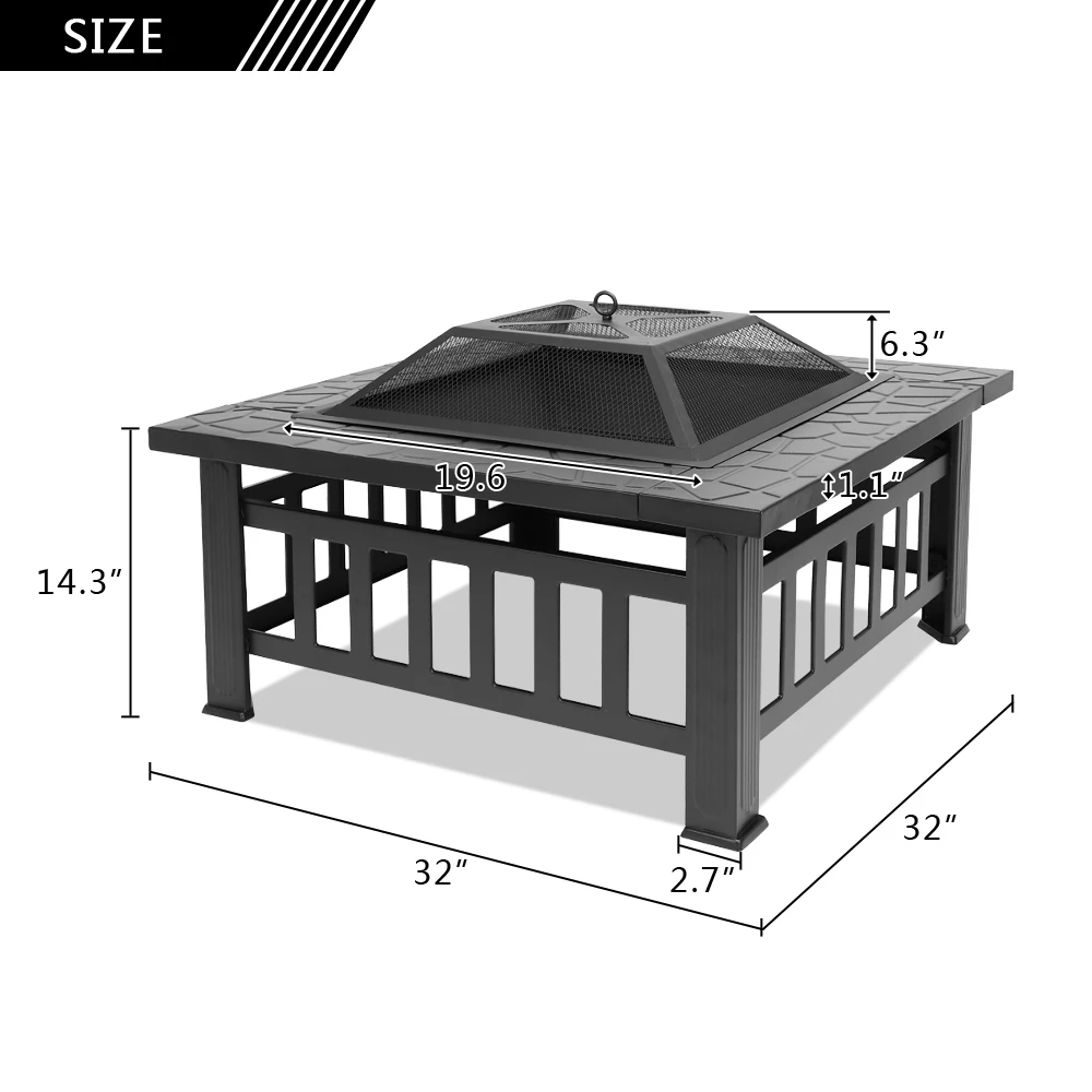 

Outdoor Portable 32'' Metal Fire Pits BBQ Square Table Backyard Patio Garden Stove Wood Burning Fireplace