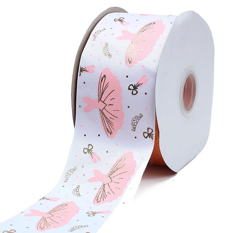 white ribbon 50 yards/lot) Free shipping 75mm ballet skirt golf foil printed grosgrain ribbon - Цвет: white ribbon