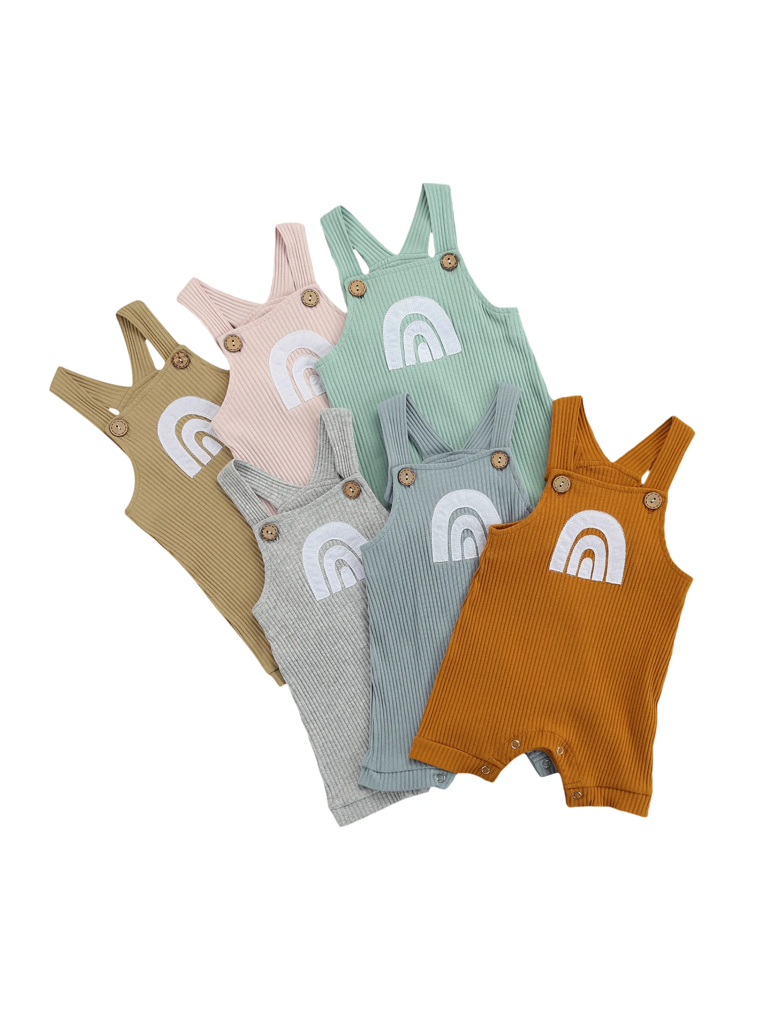 Детские летние комбинезоны без рукавов в рубчик с квадратным вырезом и радужным