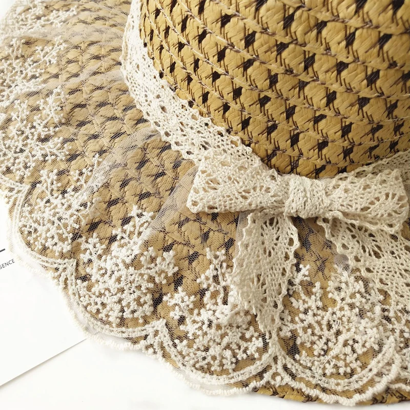

Parent-child Summer Women's Sun Hat Bucket cap beige lace Bowknot Flowers Ribbon Flat top Straw Hats Beach Caps Panama seaside