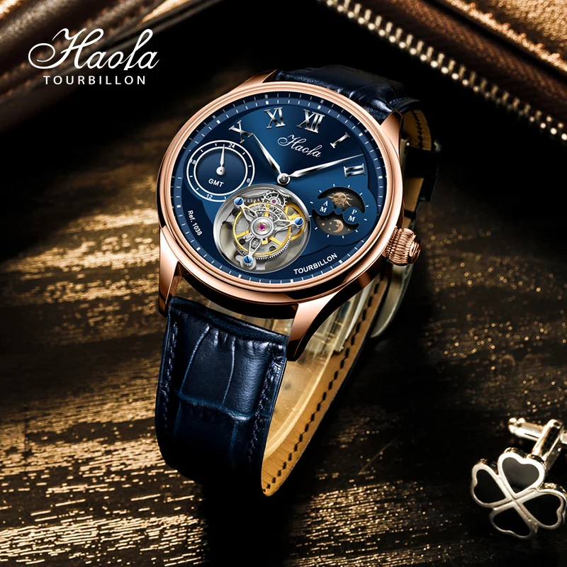 Haofa Luxury Manual Tourbillon Mechanical GMT Watch For Men Sapphire Moonphase Flying Tourbillon Watches Mens 2021 Fashion Clock