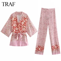 traf womens clothes fashion za two piece with belt flower print kimono top summer retro v neck wide sleeved top with trousers