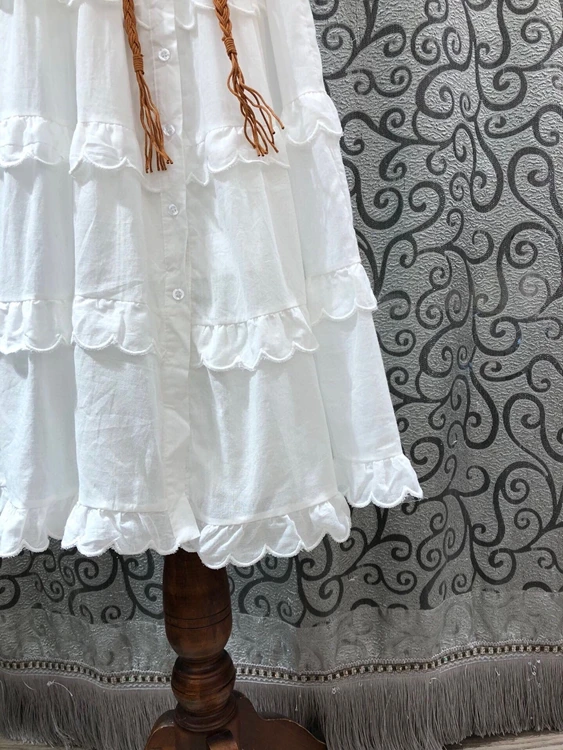 

2021 Summer Fashion White Dress High Quality Women Cascading Ruffle Deco String Belted Short Sleeve Large Swing Dress Casual