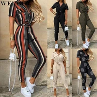 wepbel summer womens belt jumpsuits office lady v neck shirt rompers female short sleeve print stripe belt overalls