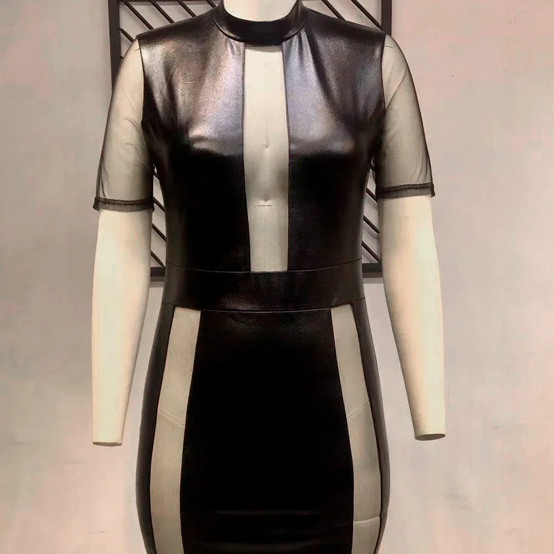 

Pu Leather Plus Size Black Dress 5xl Sexy Mesh Net Yarn Elegant Knee Length Dresses for Women Fashion Strretwear Dropshipping