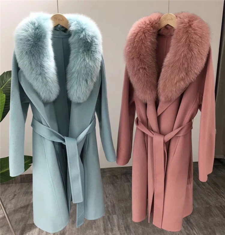 Rf0225 High Street шерстяное Женское пальто с воротником из натурального Лисьего меха с длинным рукавом и поясом шерстяное пальто