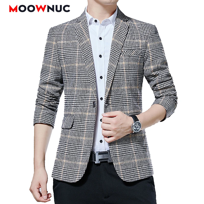 

Fashion Blazers Men Casual Suit Coat Jackets Male Brand Spring New Plaid Slim MOOWNUC Personality Blazers Stage Costumes