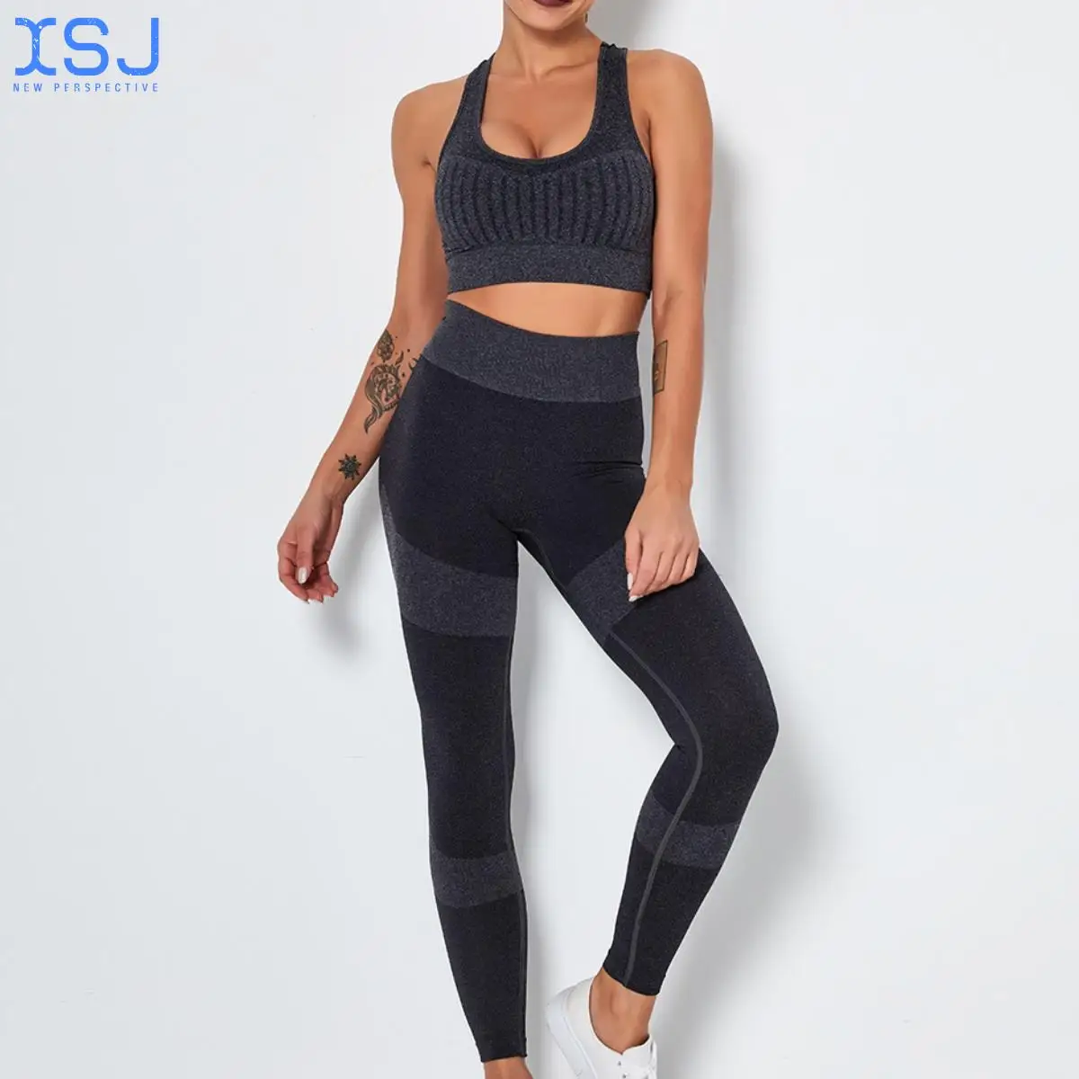 

Ladies Striped Back Knitted Hollow Moisture Wicking Sexy Bra Set Sports Running Fitness Trousers Two-Piece Suit