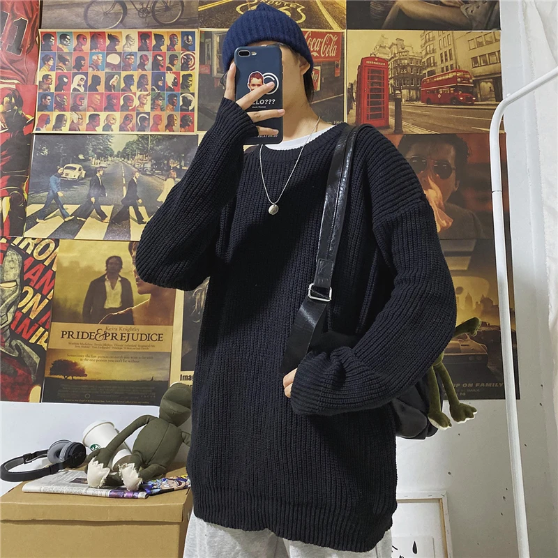 Мужской трикотажный свитер теплый однотонный джемпер в стиле ретро с длинным