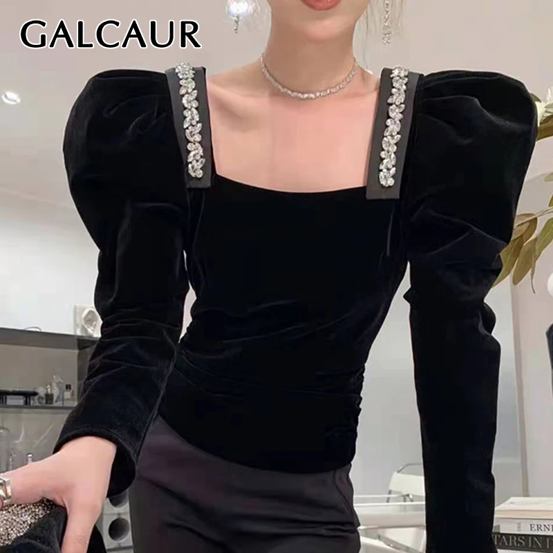 

GALCAUR Patchwork Diamonds Slim Black Shirt For Women Square Collar Puff Sleeve Solid Blouses Female Clothes 2021 Korean Fashion