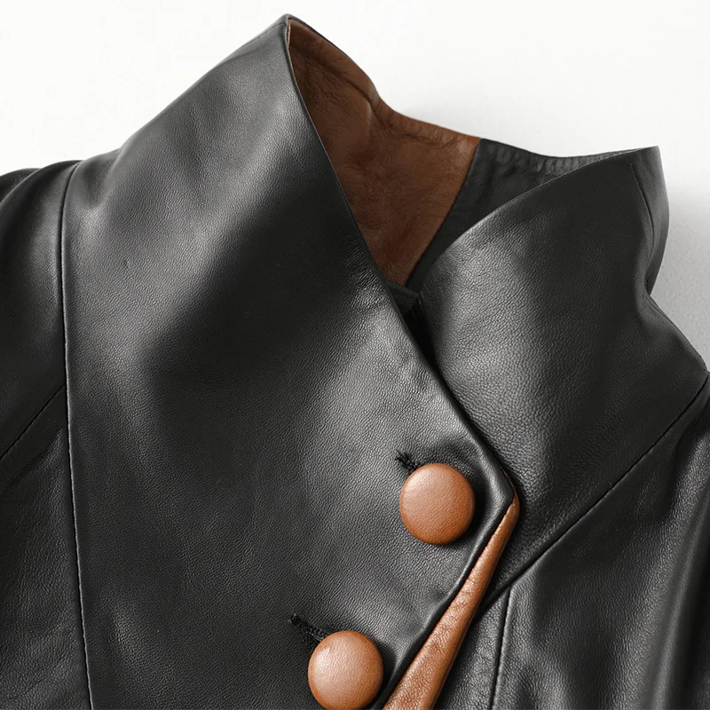 Women's Black Real Leather Long Windbreaker High End 2021 Spring New Sheepskin Coat Half Sleeves Classic Loose Office Jacket