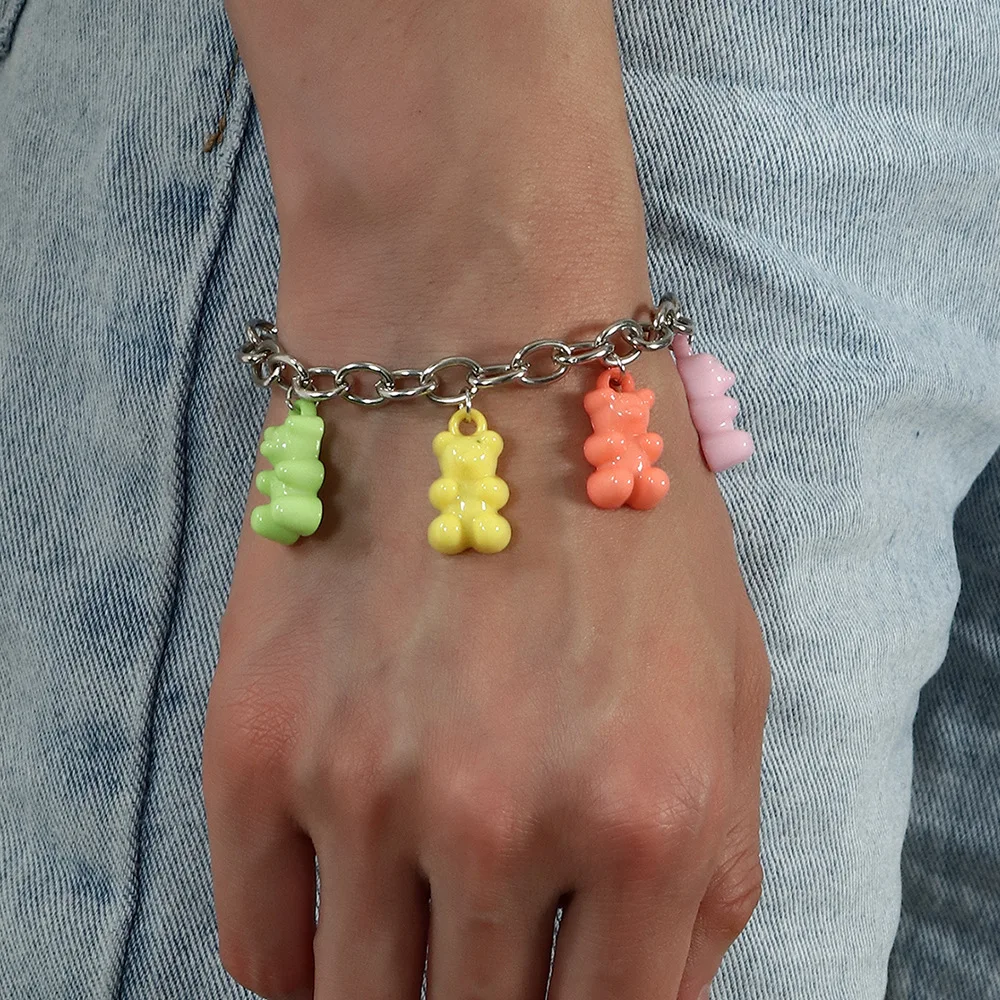 

Women Girls Rainbow Candy Colors Jelly Gummy Bear Charms Pendant Bracelet Bangles Jewelry Cute Birthday Party BFF Gifts