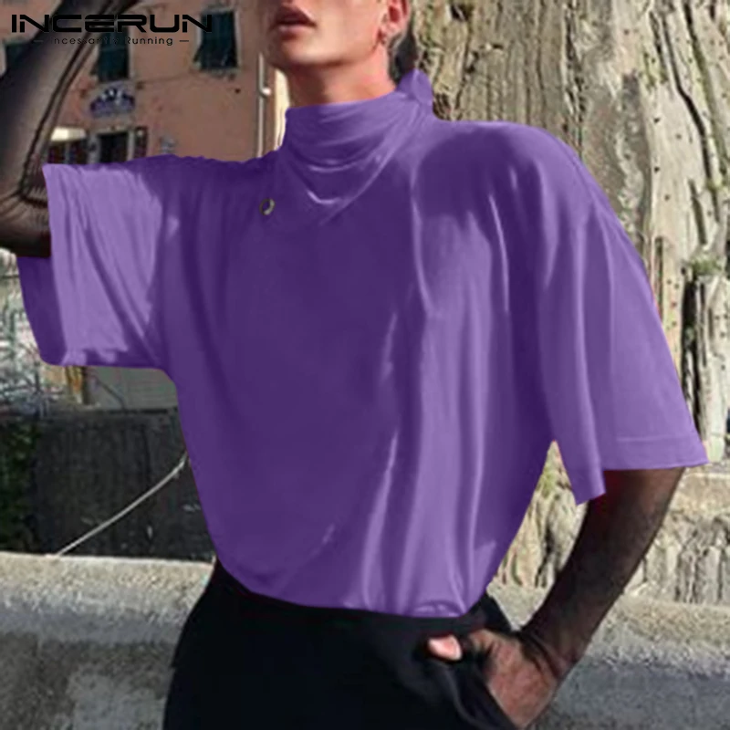 

Fashion Men T Shirt Short Sleeve Solid Color Men Clothing 2022 Heaps Collar Lace Up Streetwear Casual Camisetas INCERUN S-5XL
