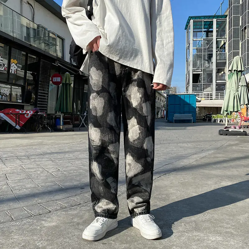 Korean Wide-leg Jeans Men's Fashion Printing Casual Retro Jeans Men Streetwear Loose Hip-hop Straight Denim Trousers Mens S-3XL