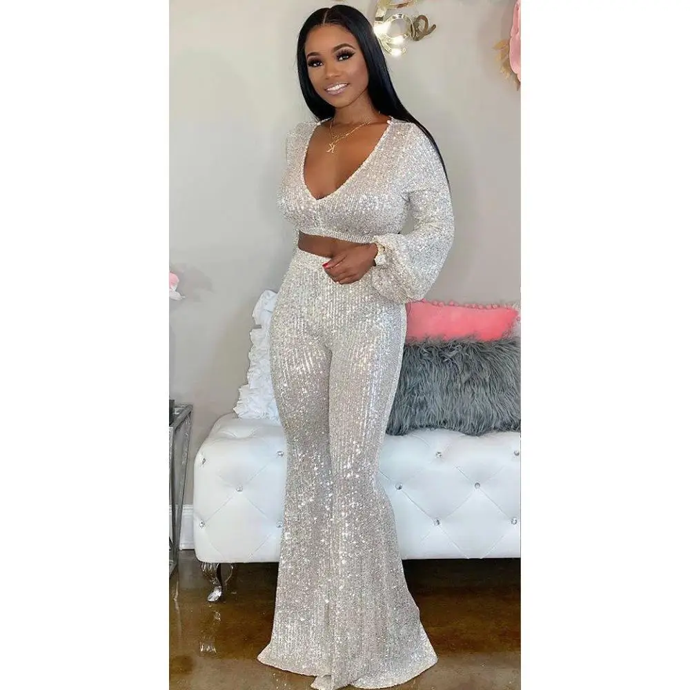 

Sexy V-neck Puff Sleeve Set Short Crop Top + Long Wide Pants Silver White Color Party Night Pants Suit Women 2 Pieces Set