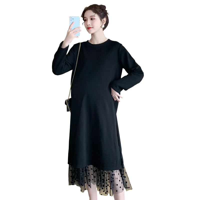 

0158# Autumn Dot Gauze Patchwork Maternity Nursing Long Dress Breast Feeding Clothes for Pregnant Women Fall Pregnancy Clothing