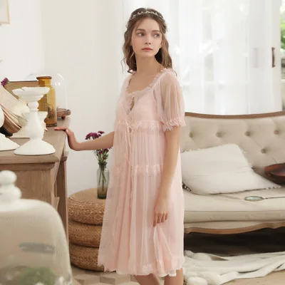 

Palace style pajamas women spring summer robe sets new lace sling home wear two-piece set chest pad nightdress female bathrobe