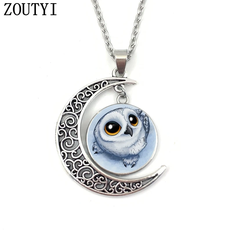2019/Charming cute owl art moon convex crystal pendant necklace men's and women's necklaces gifts. | Украшения и