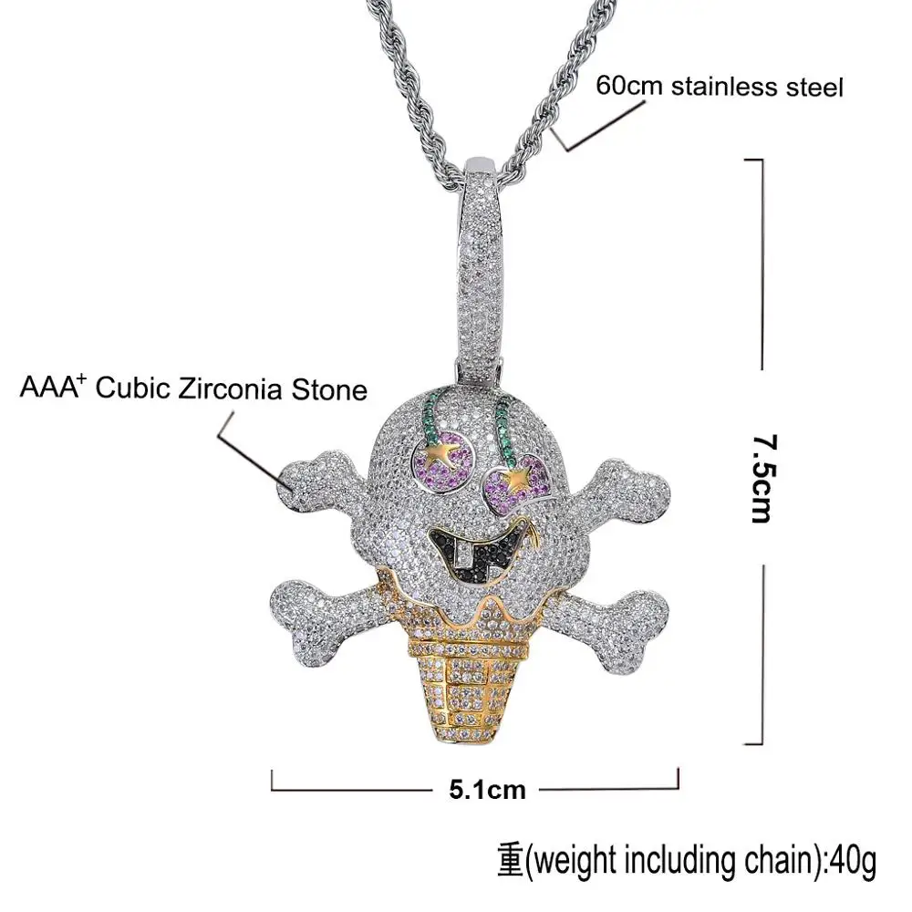 Newest Hip Hop Jewelry Gold Silver Double Color Iced Out Zircon Stone Ice Cream Pirate Pendant Mens Necklace Joyas Bling jewelry | Украшения