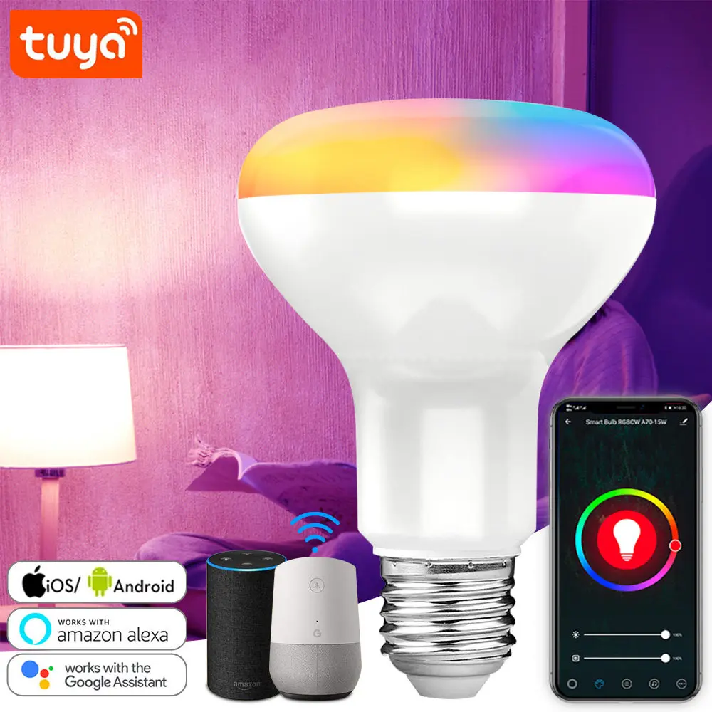 

Светодиодный светильник Tuya Smart Life, 15 Вт, с изменяющимся цветом, wifi, умная лампа E27, с регулируемой яркостью, RGB, теплый белый, Alexa