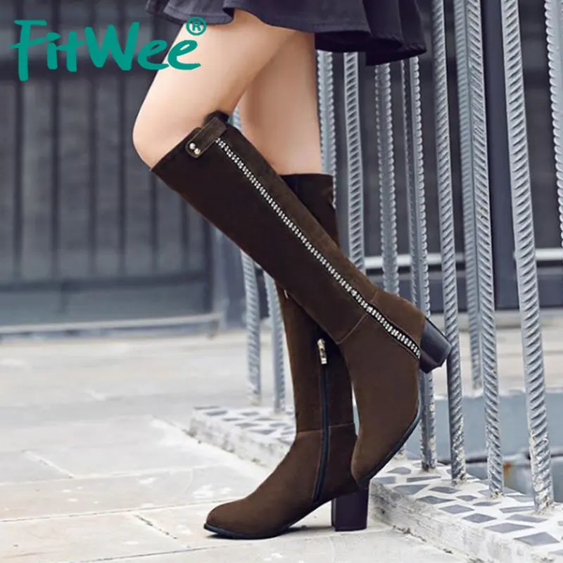 FITWEE/женские сапоги до колена на низком квадратном каблуке женские с острым
