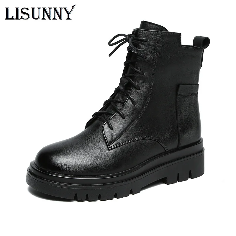 

Женские ботильоны из натуральной кожи LISUNNY, короткие теплые ботинки на шнуровке, обувь на платформе и каблуке, зима 2021