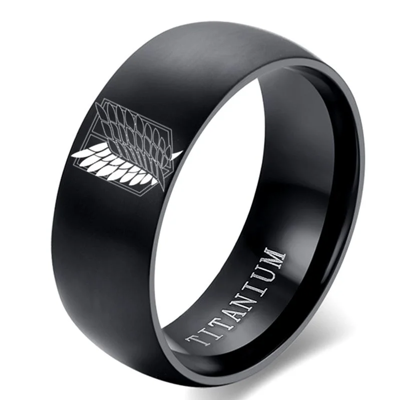 

8mm Attack on Titan Black sliver Stainless Steel Ring Wings Of Liberty Flag Finger Rings For Men Women Jewelry Anime Fans