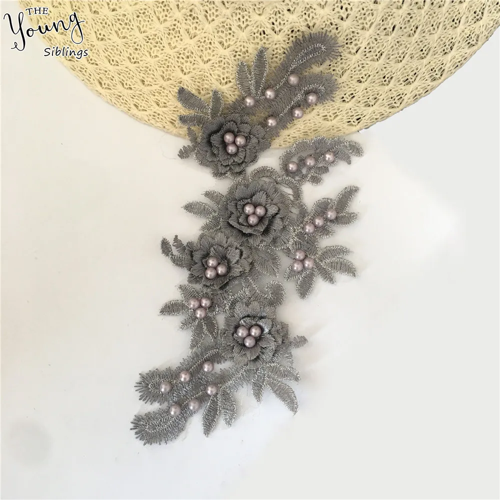 Серебряная ткань 3D трехмерное цветочное украшение ABC жемчужная аппликация для