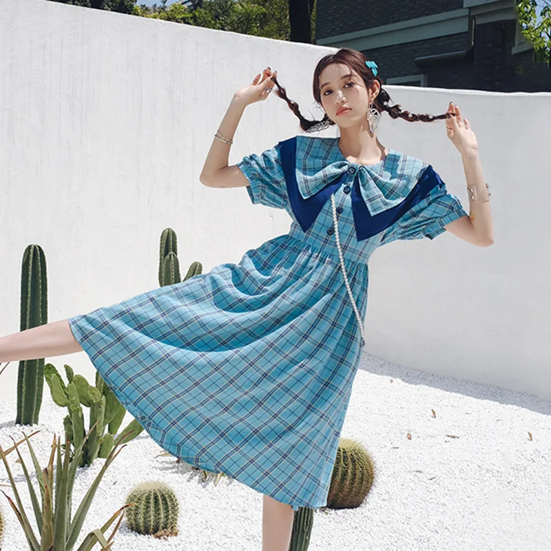 

Fashion Plaid Dresses Women 2021 Summer New French Puff Sleeve Chiffon Dress High Waist Slimming Elegant Fresh Dress for Girls
