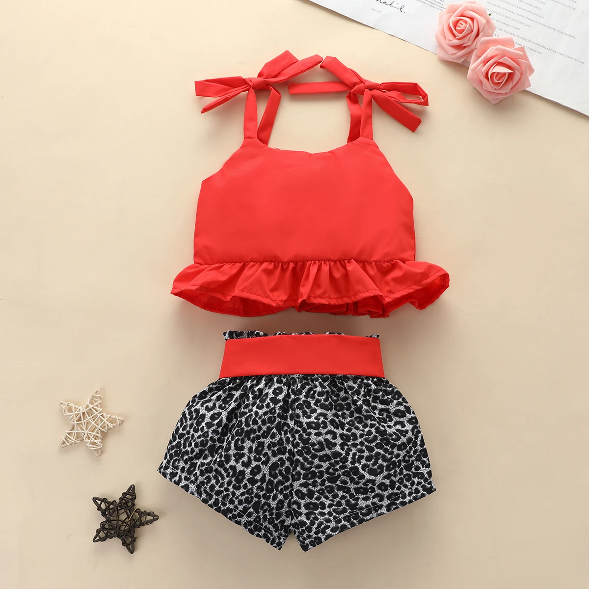 

Kids Girl 0-24M Top Leopard Pants Suit Round Neck No-Sleeve Casual Ruffle Hem Loose Sweet Buttons Blouse 2 Pieces