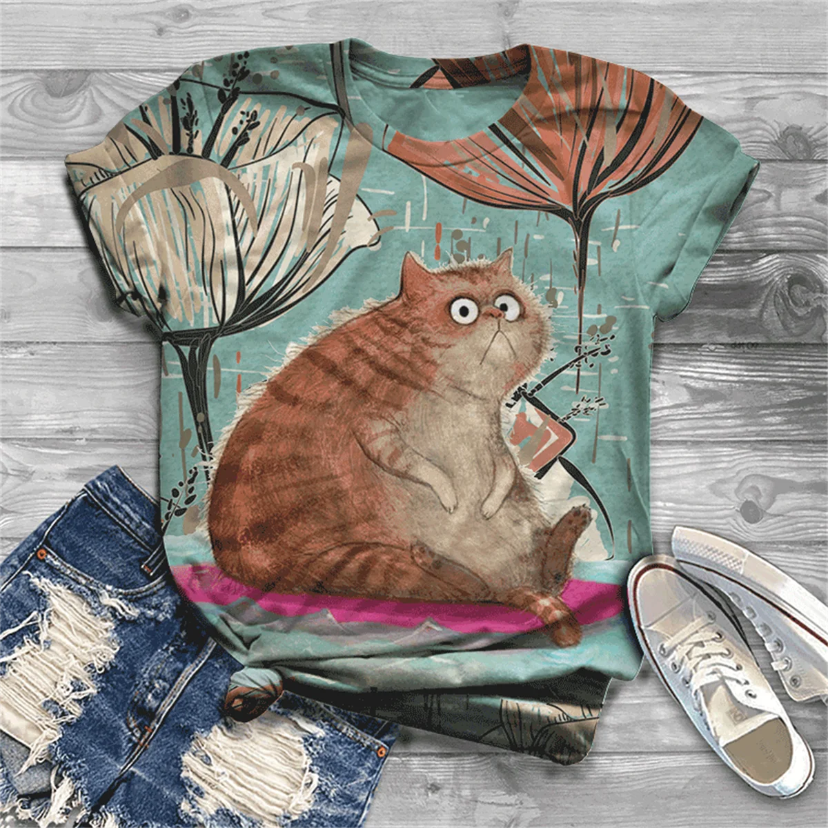 Cute and lovely cat Cotton T-shirt women's 2021 summer short-sleeved Harajuku T-shirt top ladies animal T-shirt