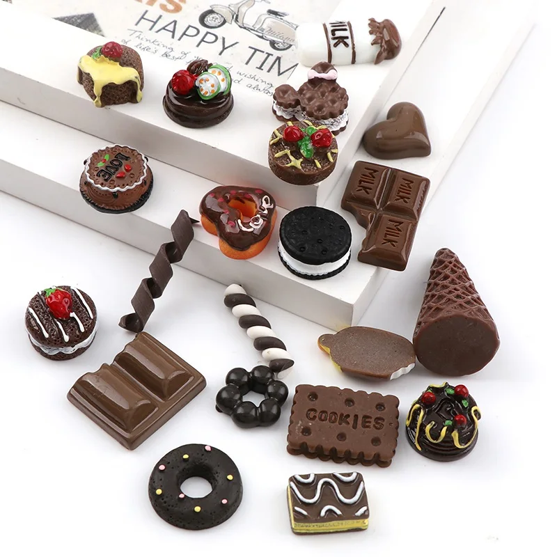 

20PCS Mixed Chocolate Color Dessert Cartoon DIY Resin Flat Bottom Convex Circular DIY Scrapbooking Home Decoration